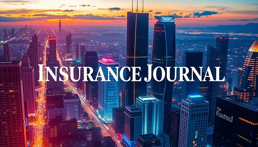 Futuristic city with neon lights and Insurance Journal logo, emphasizing insurance technology.