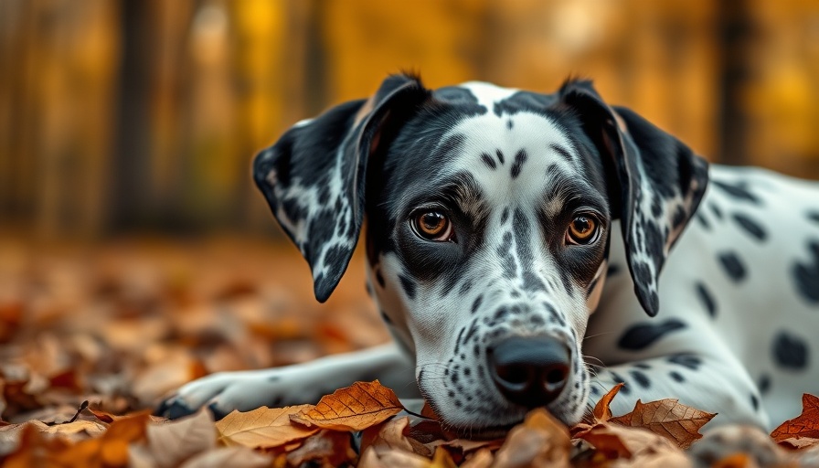 Dalmatian dog resting on autumn leaves.