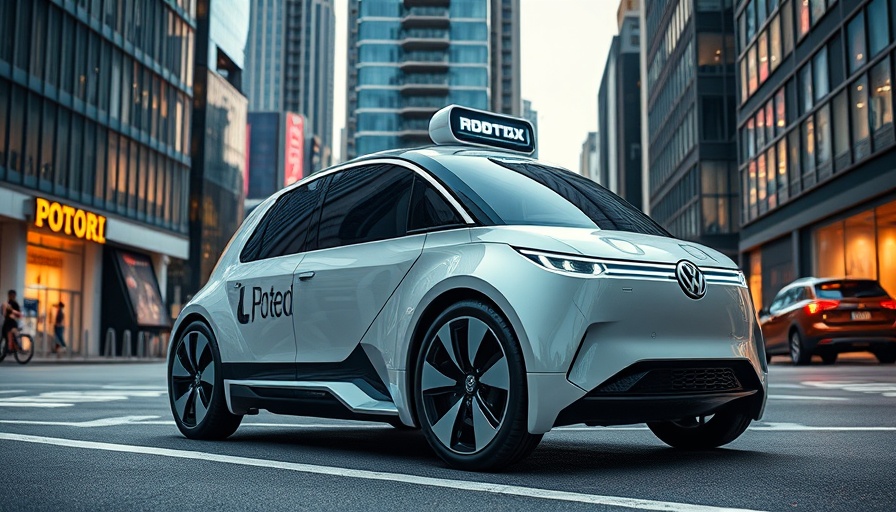 Futuristic Volkswagen Robotaxi in a modern city environment.