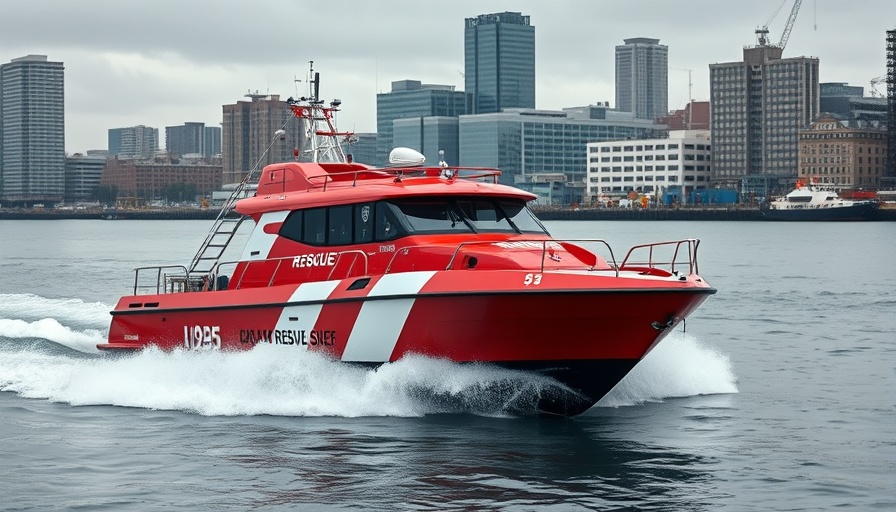 Next-gen marine fire and rescue vessel in urban waterfront.