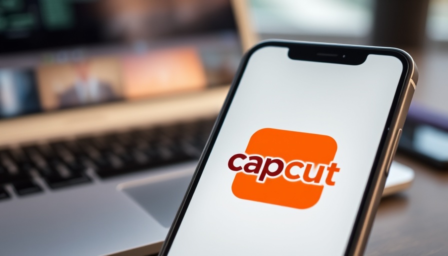 U.S.-specific version of CapCut app on smartphone screen with laptop.