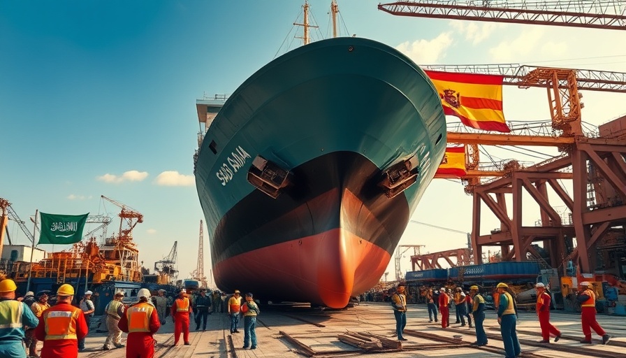 Navantia ship construction for Saudi Arabia with workers and flags.