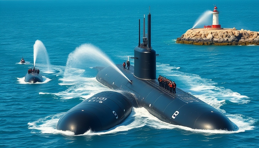 France's Tourville submarine with water display near lighthouse.