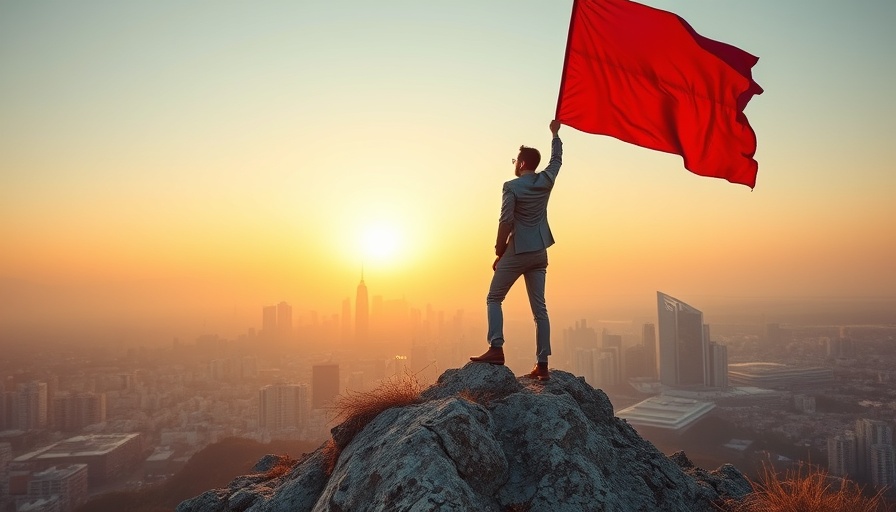 Young businessman with red flag on rocky peak depicting SEO strategies