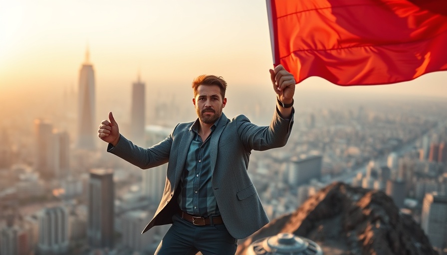Confident man waving a red flag atop a mountain with cityscape, SEO strategies.