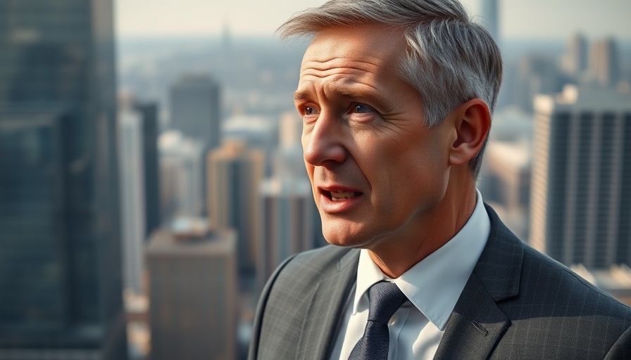 Middle-aged man discussing AI with a city backdrop.