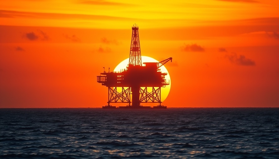 OBBBA offshore energy platform silhouetted against sunset.