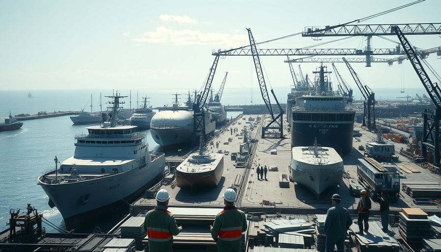 Modern shipyard with cranes and workers, illustrating tariff impacts on shipbuilding.