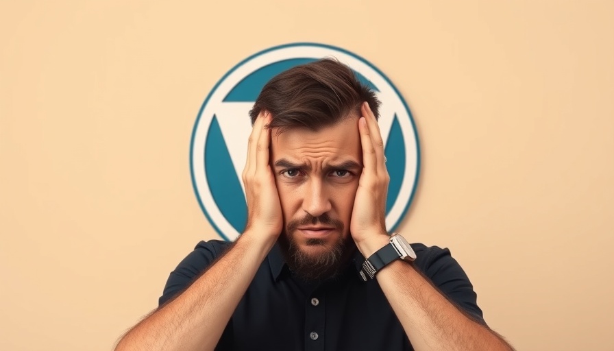 Frustrated man with hands on head in front of WordPress logo highlighting vulnerability.