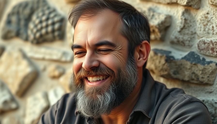 Relaxed middle-aged man smiling in natural stone setting, open-source social media