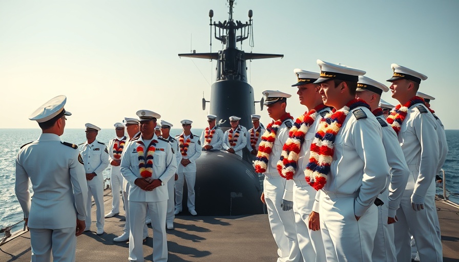 USS Toledo arrival with sailors on deck and colorful garlands
