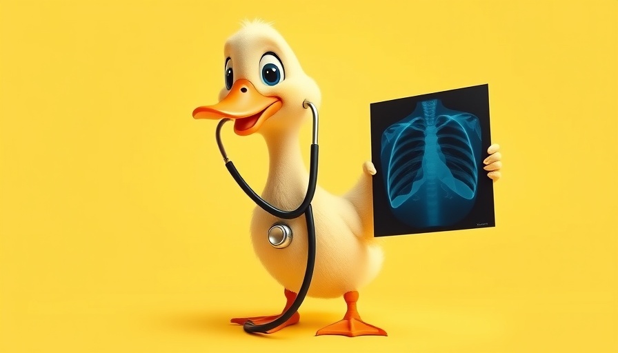 Whimsical duck with stethoscope and x-ray on yellow background.