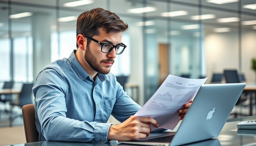 Focused professional calculating ROAS at desk with laptop.