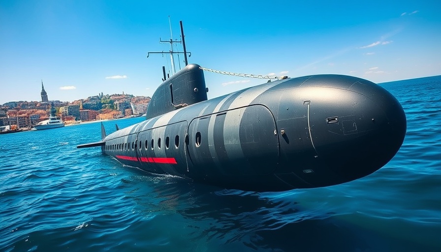 Scorpène Evolved submarine submerged in ocean near city.