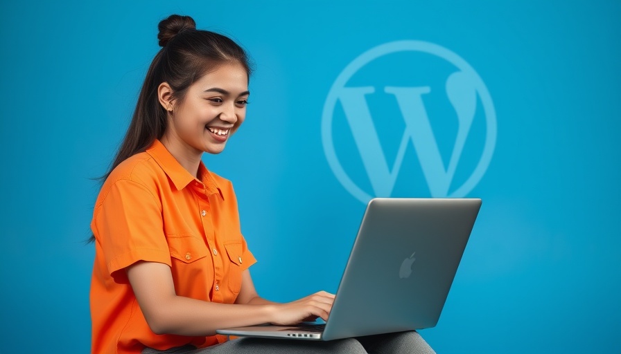 Smiling woman using laptop with WordPress logo in background.