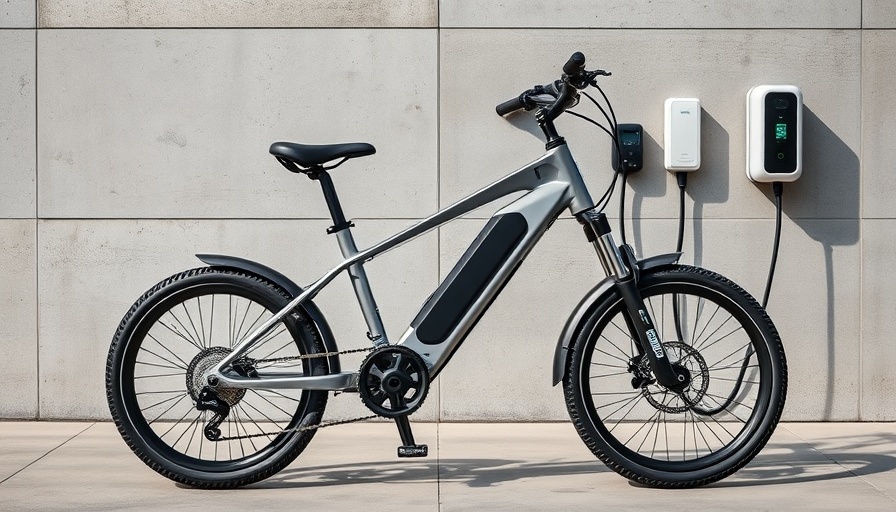 Sleek modern e-bike at charging station with 15-minute charge feature