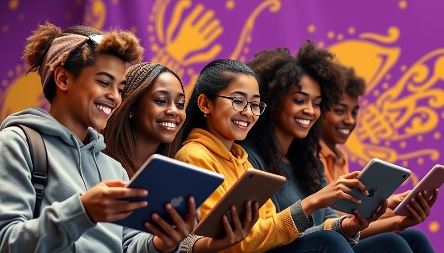 Dynamic scene of young people using technology for AI advancements in education.