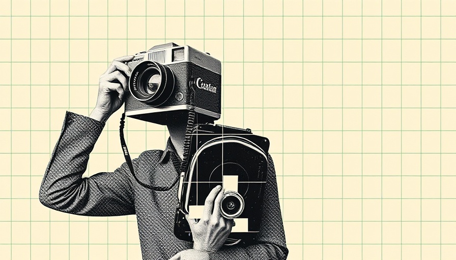 Artistic collage of camera-headed figure with beige grid background.