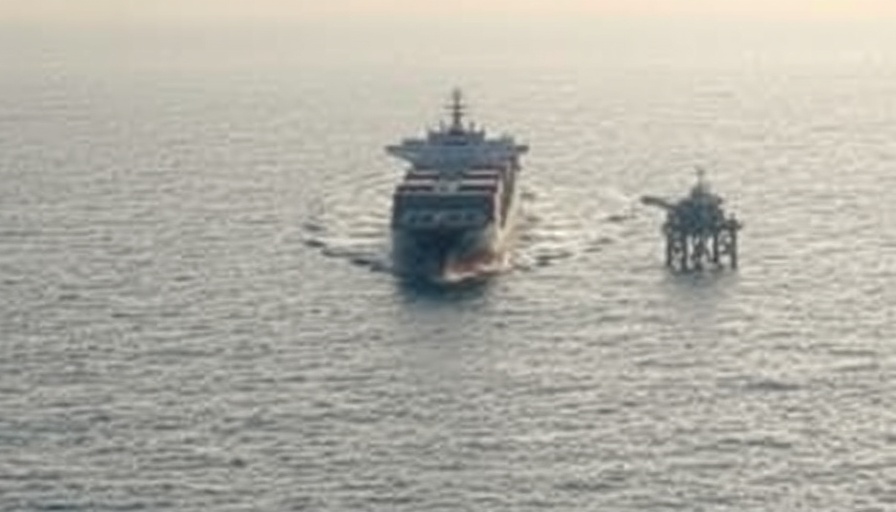 Cargo ship near oil platform reflecting EU spending on US energy.