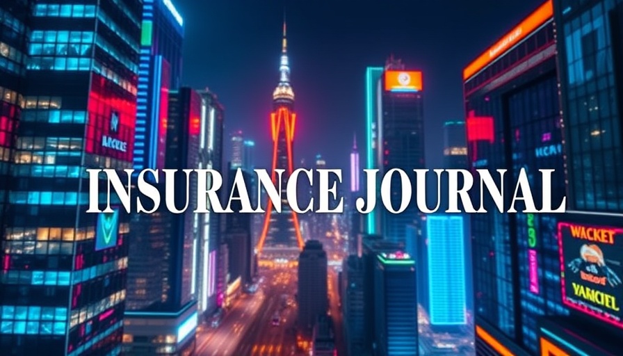 Futuristic cityscape with Insurance Journal text overlay.
