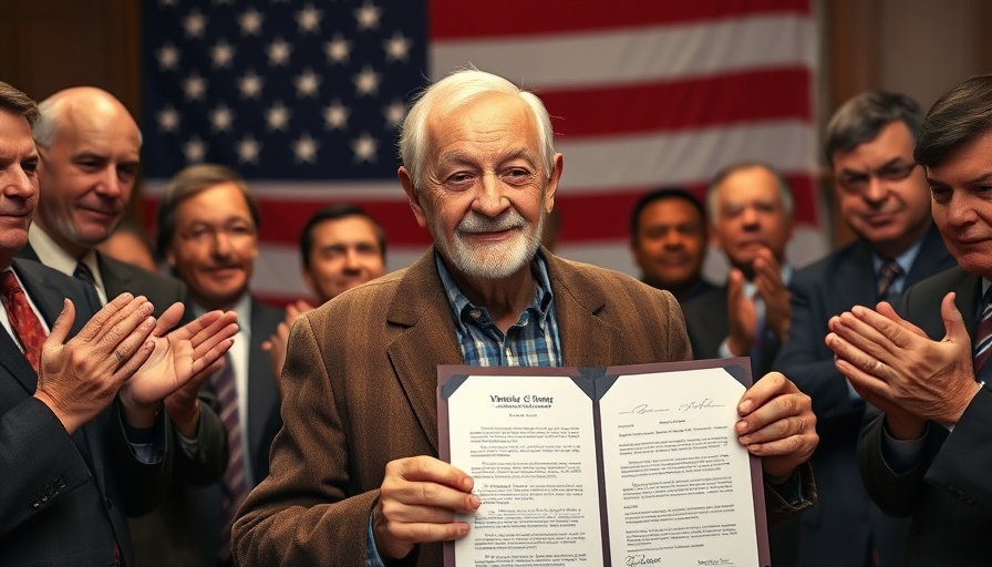 Elderly man shows signed document, spotlight on Trump's AI Action Plan.