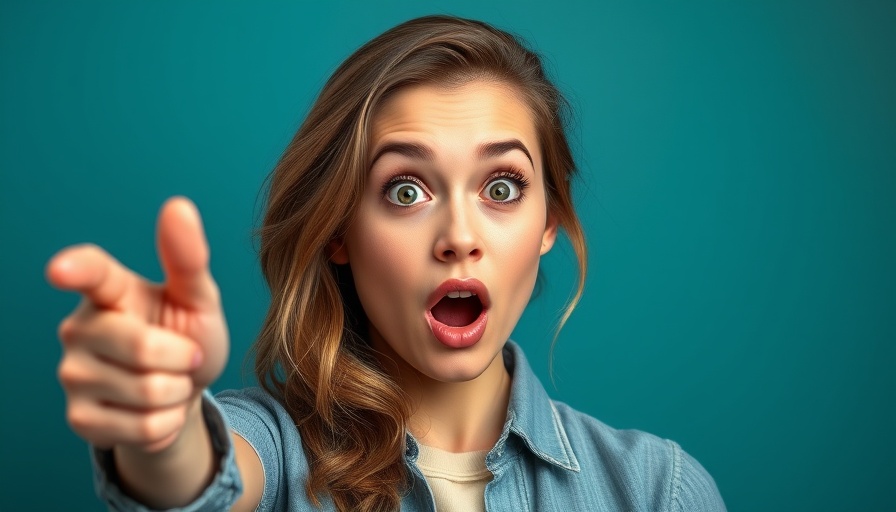 Young woman with surprised expression pointing, Ecommerce AI Accessibility Testing.