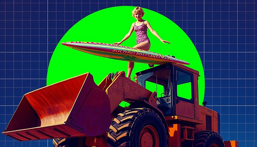 AI Hype Index surreal collage with a vintage figure surfing.