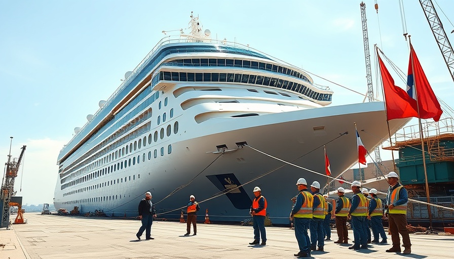Viking Mira cruise ship in dock being prepared for launch on a sunny day.