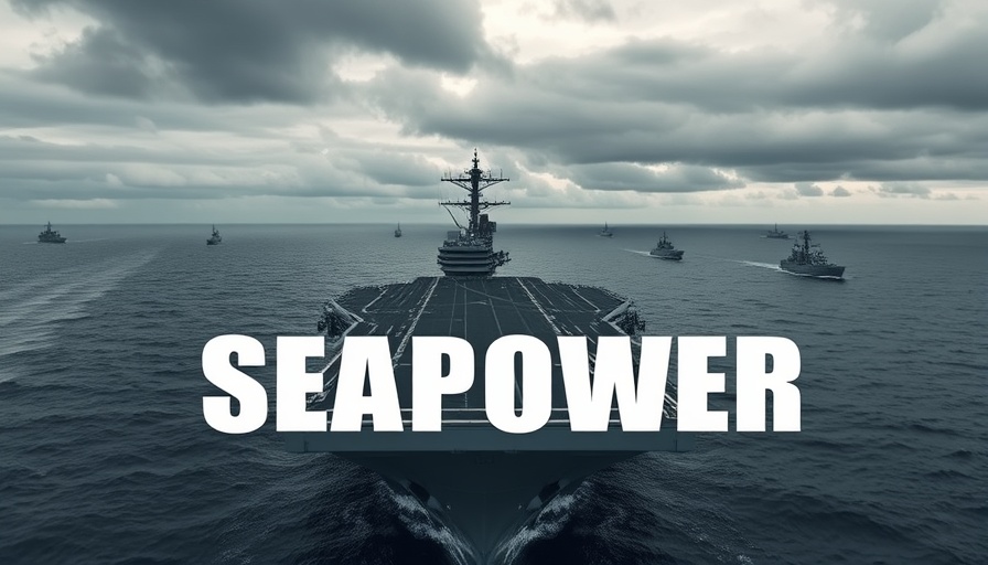 Navy aircraft carrier with SEAPOWER text, ocean background.