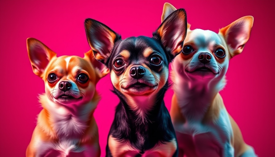 Colorful pop-art chihuahuas posing under neon light.