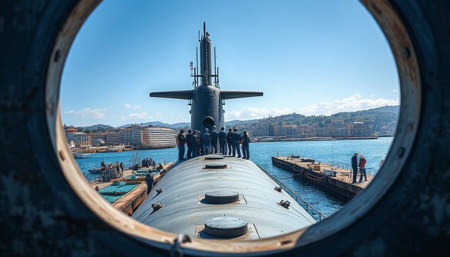 Shipbuilding workers gather on a submarine docked in a harbor, viewed through ship structure.