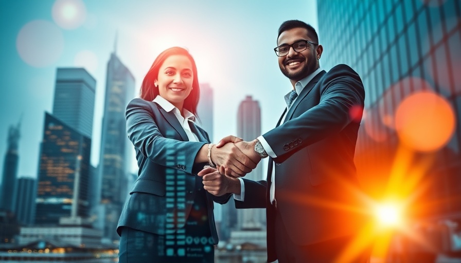 Business leaders shaking hands over cityscape, representing insurance technology innovations.