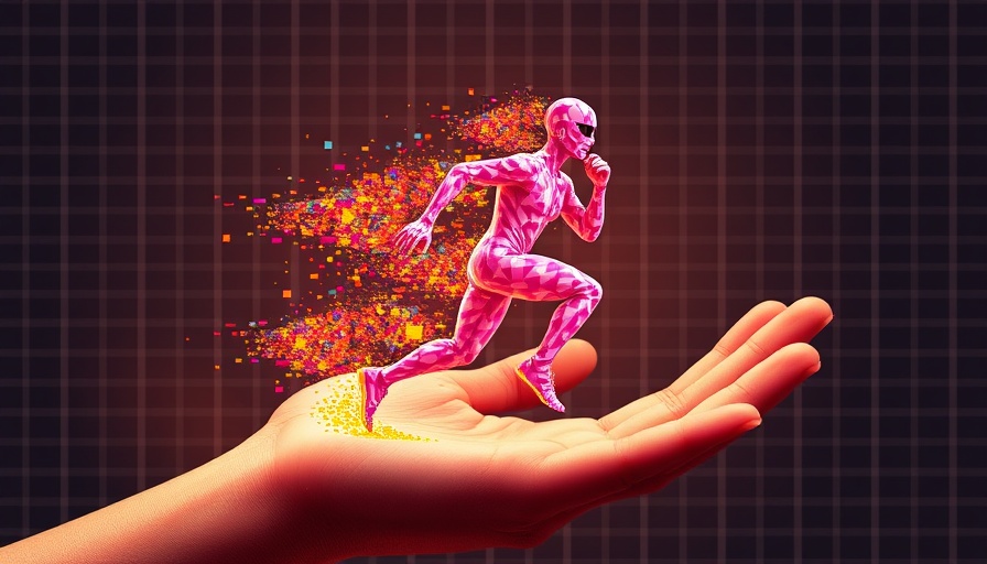 Abstract digital representation of self-improving AI with pixelated hand and figure.