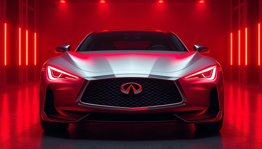 Sleek futuristic Infiniti concept vehicle with red background lighting.