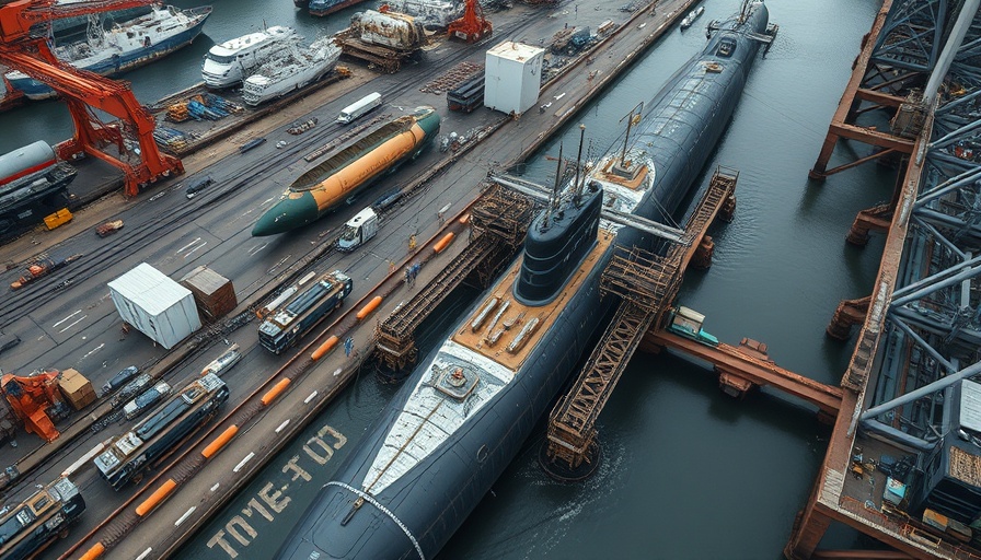 Active shipyard with submarine construction, demonstrating protecting shipbuilding jobs.
