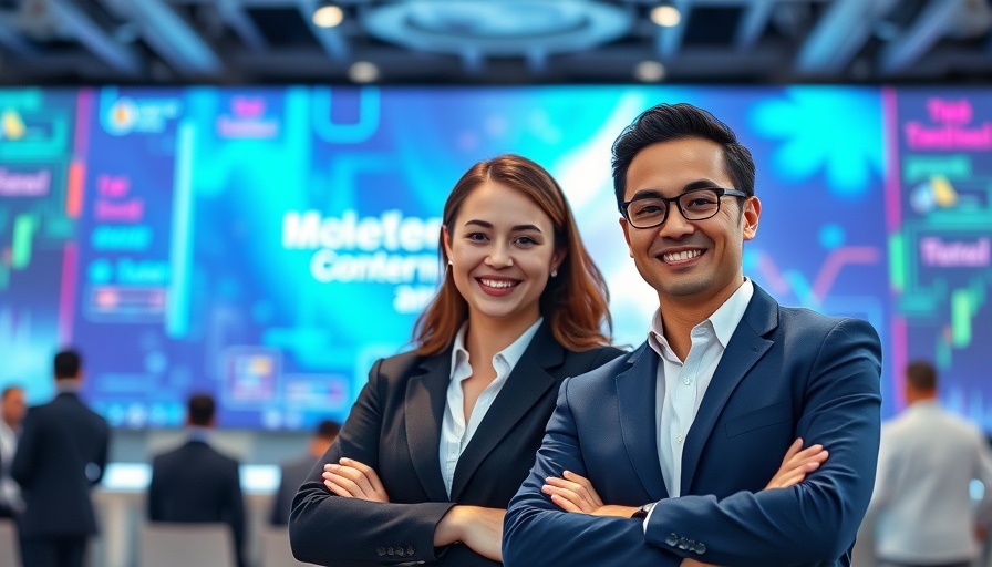 Dynamic business duo at conference discussing exit strategies for startups