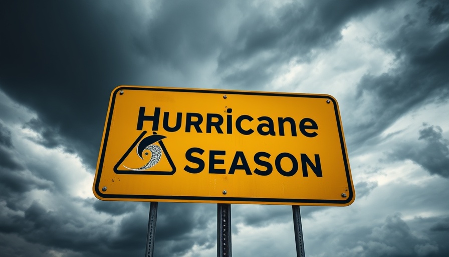 Hurricane season warning sign against dark stormy sky.