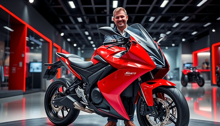 Smiling men with India-made electric motorcycle in futuristic showroom