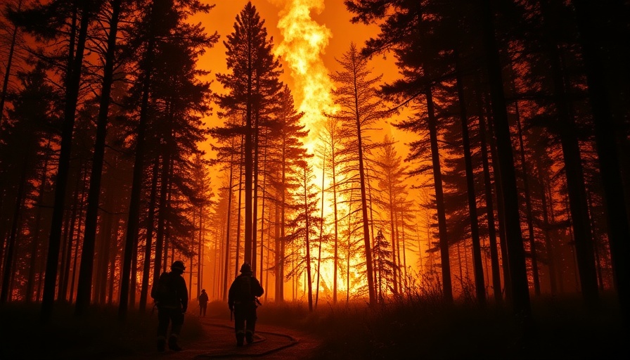 Firefighters battle forest blaze at night, illustrating climate challenge.