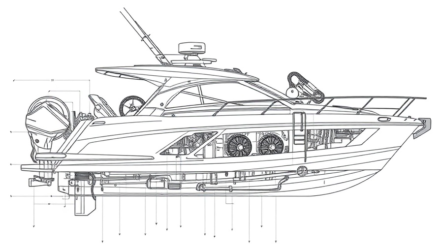 Detailed 40-foot cruiser with Volvo IPS line drawing, side profile view.