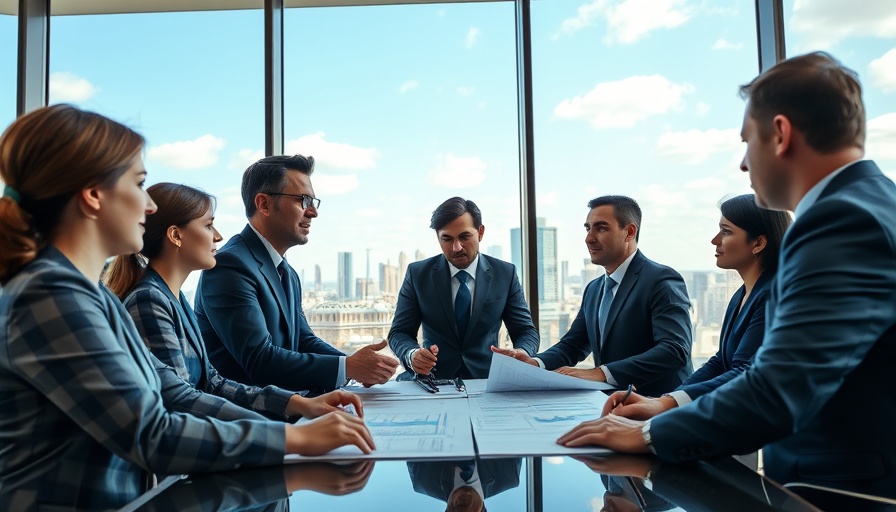 Executives discussing the Sinclair merger with Tegna in modern office.