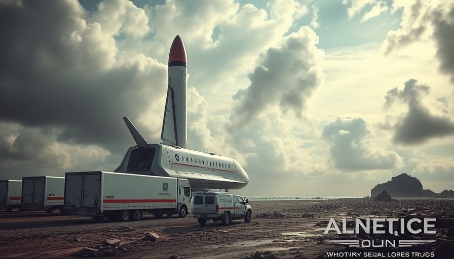 Futuristic rocket and medical trucks under dramatic sky for cargo transport from orbit.