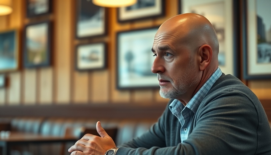 Bald man in cafe discussing AI Adoption in Tech.