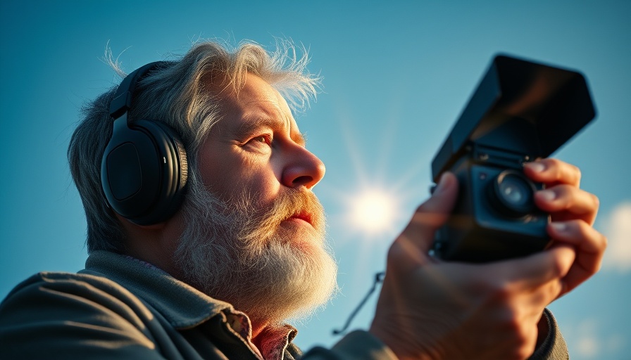 Elderly man with headphones and camera flash under sunlight, related to America's drone incursions and AI doomerism.