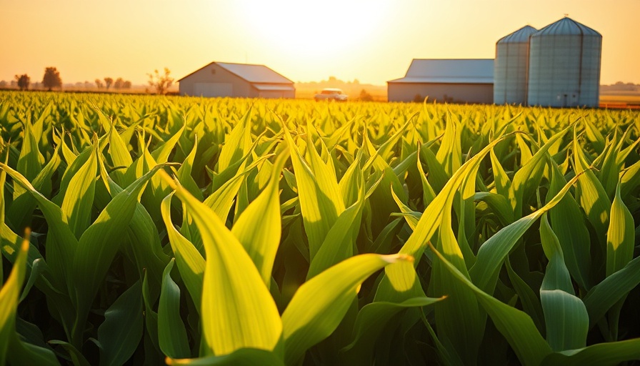 Cornfield at sunset with barn and silo, climate variability impact