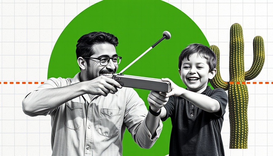 Retro collage of man and boy with slingshot, AI-designed antibiotics theme.