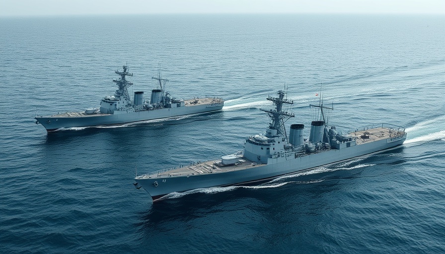 Two warships at DSEI UK 2025 sailing in the sea.