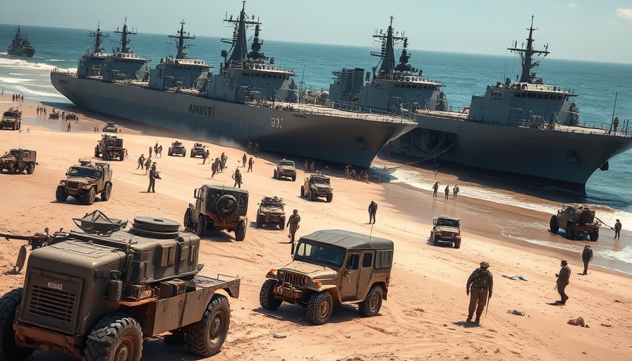 Australia shipbuilding agreement military beach landing scene.