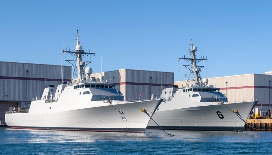 Naval ships at shipyard highlighting strategic shipbuilding agreement.