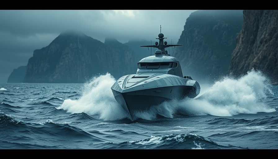 Futuristic naval vehicle emerging from rough sea, UK Maritime Autonomy.